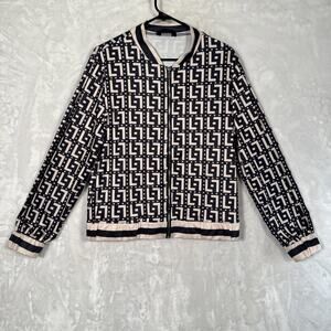Chicme Beige Black Satin Long Sleeve Full Zip Bomber Jacket Sz Lg Whimsical/Fun